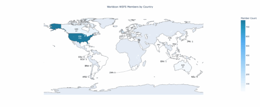 World map showing how many WSFS members come from each country. Most members come from the United States, Great Britain, and Canada. Full numbers are in the table on this page.
