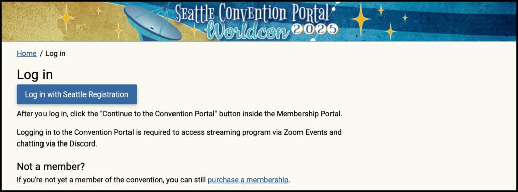 Screenshot of the virtual landing page with the Log in with Seattle Registration button visible at the top just under a Log in header.